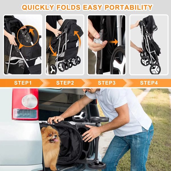 Pet Stroller 4 Wheels Dog Cat Stroller for Small Medium Dogs Cats Foldable Puppy Stroller with Storage Basket and Cup Holder - Image 3