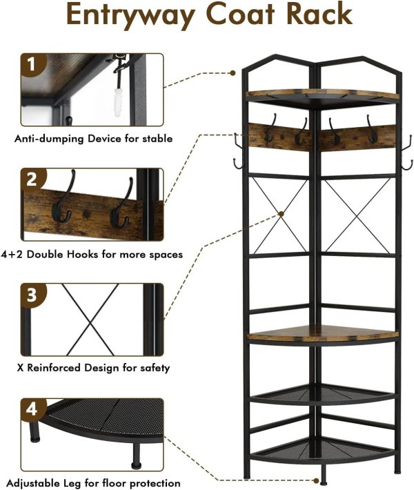 XINGAN 3-in-1 Entryway Coat Rack, Industrial Hall Tree Corner Cloth Rack with Bench Hallway Coat and Shoe Rack for Corner, Entryway Organizer with Metal Shoe Storage for Hallway, Corner, Entrance,Brow - Image 3