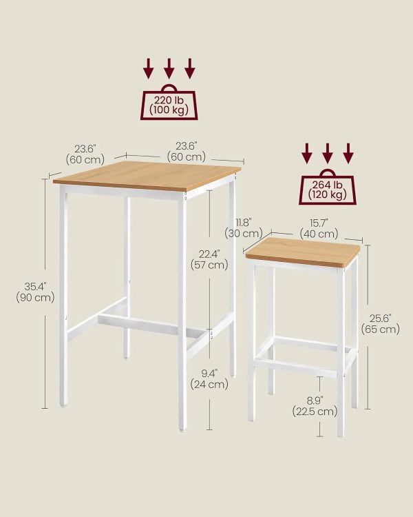 Bar Table and Chairs Set, Square Bar Table with 2 Bar Stools, Dining Pub Bar Table Set for 2, Space Saving for Kitchen Breakfast, Living Room, Party Room, Golden Oak and Cloud White - Image 4