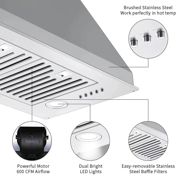 Range Hood 30 inch Insert Vent Hood 600 CFM Built-in Stainless Steel Range Hood - Image 5