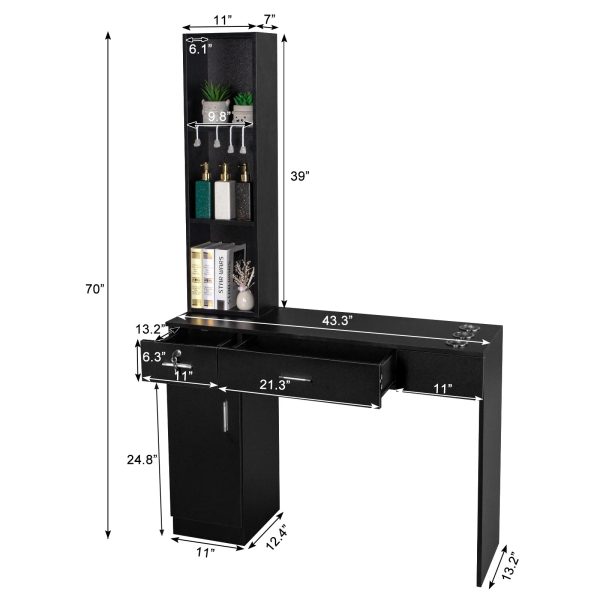 OmySalon Barber Station Wall Mount Salon Hair Styling Beauty Spa Equipment with 2 Drawers, 1 Storage Cabinet, 3 Open Shelves (Black) - Image 3