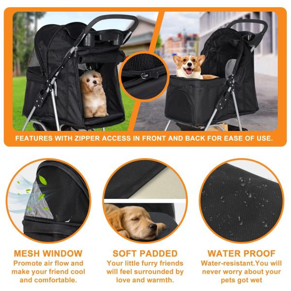 Pet Stroller 4 Wheels Dog Cat Stroller for Small Medium Dogs Cats Foldable Puppy Stroller with Storage Basket and Cup Holder - Image 6