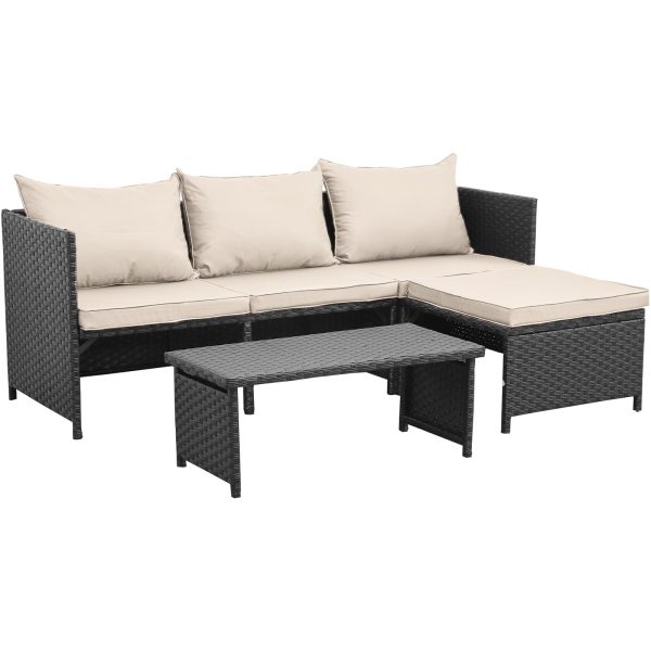 Waroom 3 Pieces Patio Conversation Sets Outdoor Wicker Furniture with Coffee Table,Khaki, Powder Coated Steel - Image 6