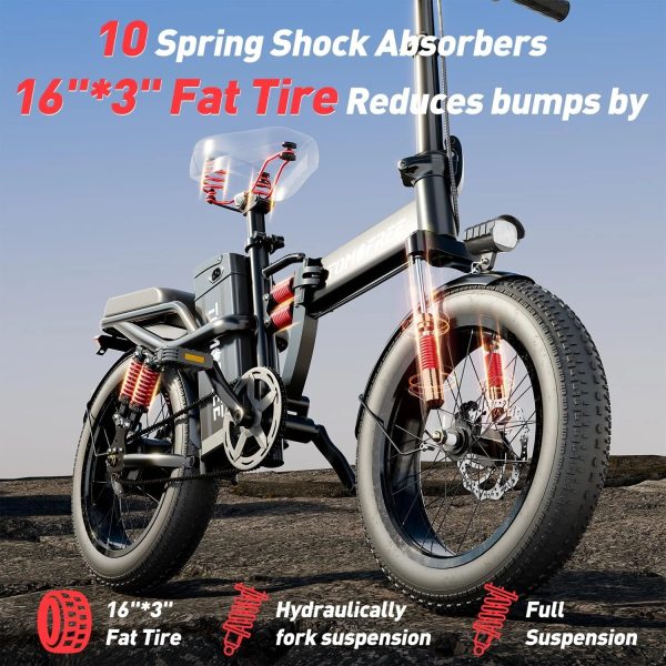 T1 Electric Bike for Adults 1200W Motor, 31MPH, 48V 20AH Folding E-Bike,16 * 3" Tire Mountain Snow Bike LED Display 330lbs Load Capacity - Tomofree Black - Image 4