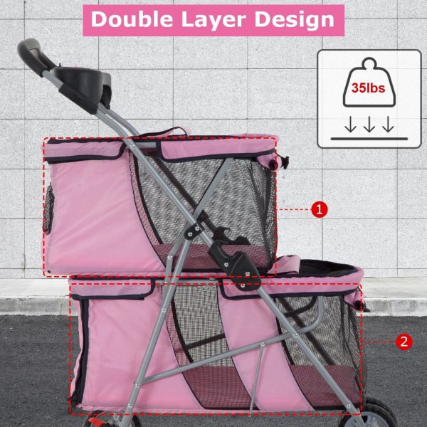 YRLLENSDAN Dog Stroller Cat Stroller Pet Carriers Bag Jogger Stroller for Small Medium Dogs Cats Travel Camping 4 Wheels Lightweight Waterproof Folding Crate Stroller with Soft Pad (Pink) - Image 2