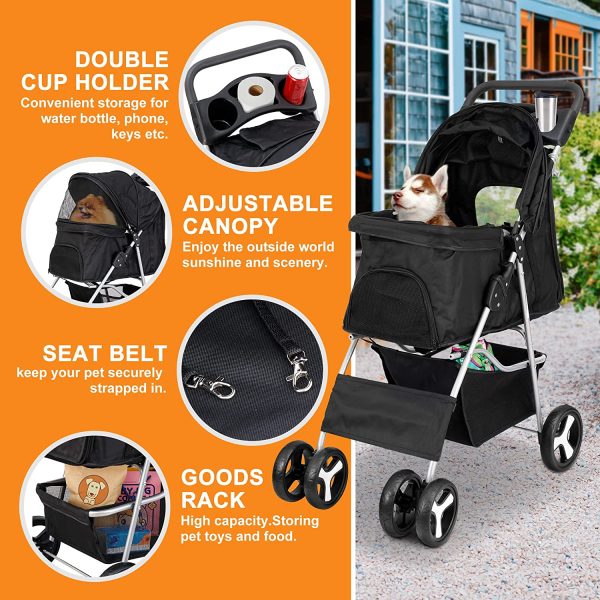 Pet Stroller 4 Wheels Dog Cat Stroller for Small Medium Dogs Cats Foldable Puppy Stroller with Storage Basket and Cup Holder - Image 7