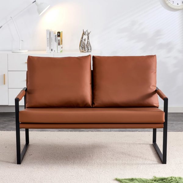 Wasait modern two-seater sofa chair with 2 pillows-PU leather, high-density foam, black coated metal frame. Brown SF-D008 - Image 2