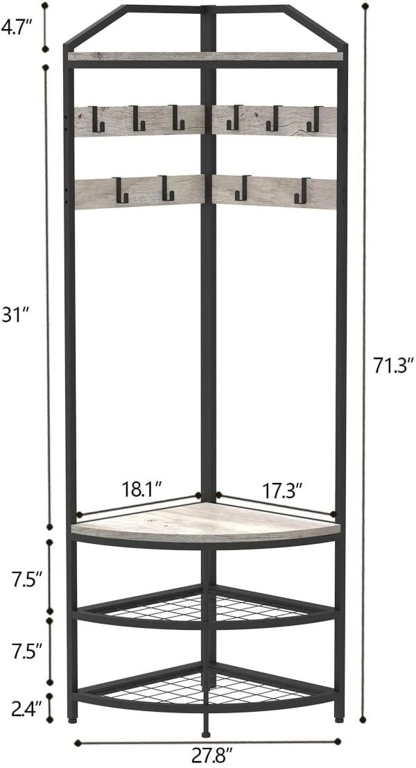 SQRTYVG TUIONMJ Modern Black Entryway Corner Hall Tree with Shoe Bench Entryway Coat Rack with 10 Metal Movable Hooks Wooden TUIONMJ Shoes TUIONMJ Organizer for Home Office Bedroom (Black - Image 4