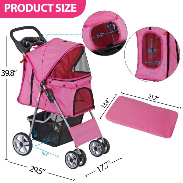 ZENSTYLE 4 Wheels Pet Stroller Foldable Carrier Strolling Cart for Cat Dog w/ Storage Basket Pink - Image 2