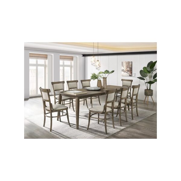 Homestock Nordic Haven Walnut 9 Piece Dining Table with Extension Leaf and Off White Fabric Dining Chairs