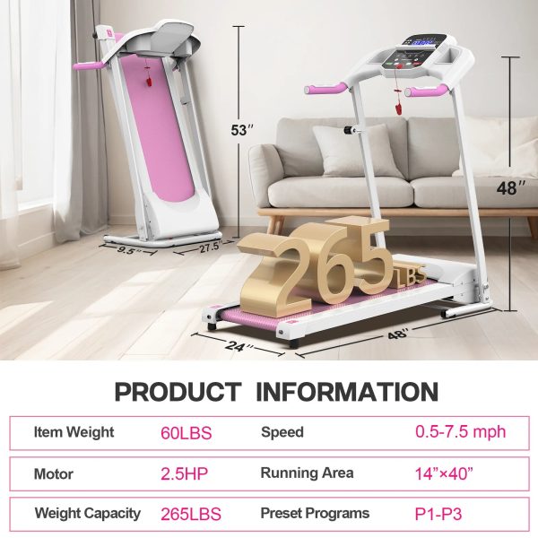 FYC Foldable Treadmills for Home, 2.5 HP, 7.5 MPH, Electric Running Treadmill Quiet Brushless Proform Treadmill for Home Gym, Running Machine with Heart Rate Sensor with LED Display (Pink) - Image 4