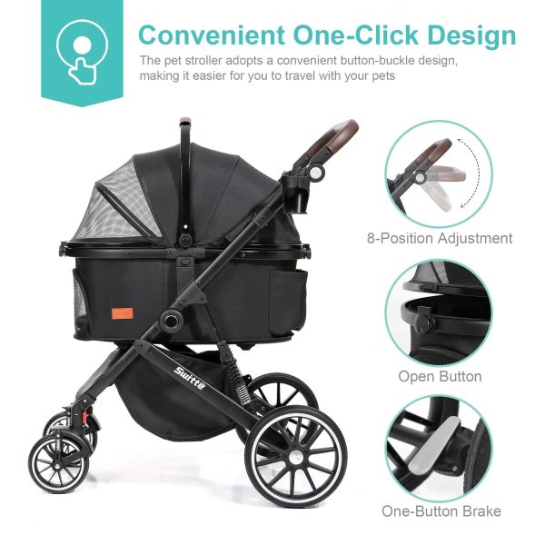 SWITTE Pet Stroller Foldable Dog & Cat Stroller 3-in-1 4 Wheels Travel Jogger, Black - Image 4