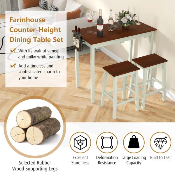 3-Piece Bar Table Set - Counter Height Pub Table w/ 2 Stools, 2 Wine Holders, Rubber Wooden Legs, Space-Saving Dinette Table Set for Bar, Kitchen, Living Room, Cream White & Walnut - Image 6