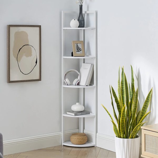 SWAREY 5 Tier Corner Bookcase Plant Stand Storage Open Shelf Corner Display Rack white