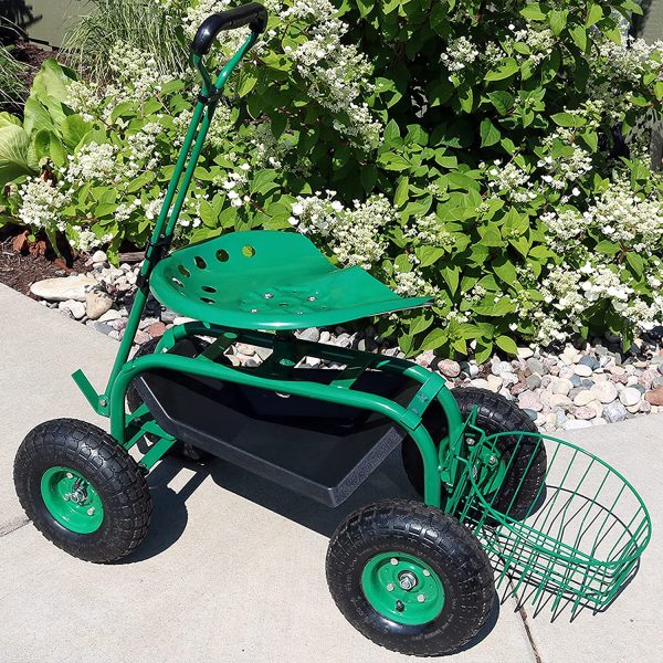 Sunnydaze Garden Cart Rolling Scooter with Extendable Steer Handle， Swivel Seat and Utility Tool Tray， Green - Image 9