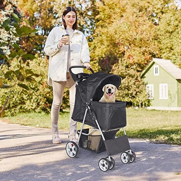 BBBuy 4 Wheels Foldable Pet Dog Cat Jogger Stroller Travel Carrier Strolling Cart w/Waterproof Cover Storage Basket Cup Holder & Removable Liner for Medium Small Cat Dog, Black - Image 2