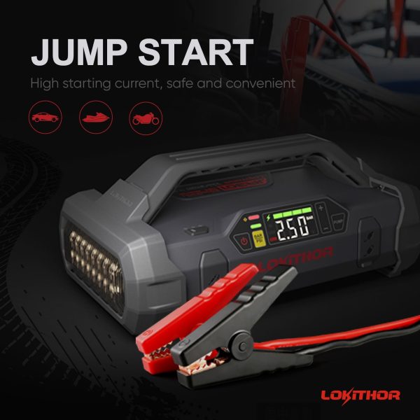 Lokithor Jump Starter 2000Amp 20000mAh 12V Car Battery Booster Pack for Upto 8L Gas or 6L Diesel, 150 PSI Air Compressor with Damping Technology,Portable Power Bank with Handle Bar and Emergency Light