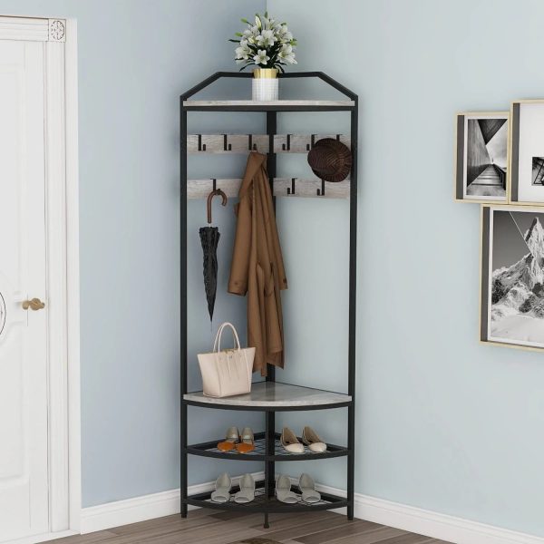 SQRTYVG TUIONMJ Modern Black Entryway Corner Hall Tree with Shoe Bench Entryway Coat Rack with 10 Metal Movable Hooks Wooden TUIONMJ Shoes TUIONMJ Organizer for Home Office Bedroom (Black - Image 6