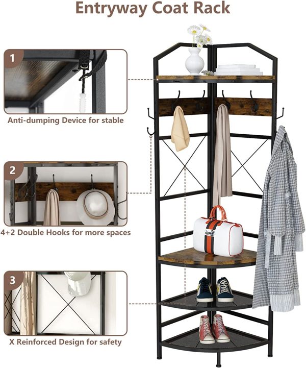 Corner Coat Rack Hall Tree with Shoe Bench Entryway Coat Rack with 6 Metal Hooks, Industrial Corner Shoe Racks Freestanding Corner Shelves Organizer Entryway Bench with Coat Rack & Storage - Image 5