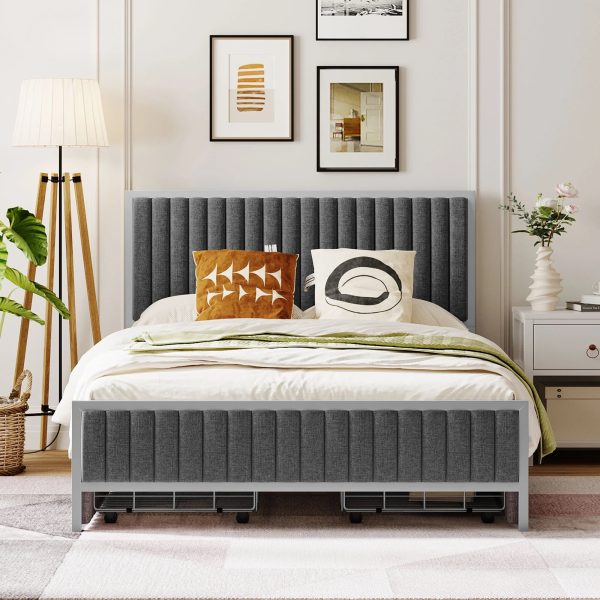 Roomfitters Full Size Metal Frame Upholstered Bed with 4 Drawers, Linen Fabric, Gray - Image 2