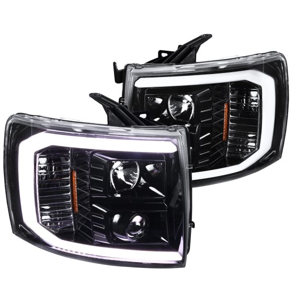 Spec-D Tuning LED Light Bar Jet Black Housing Clear Lens Projector Headlights + Glossy Black Vertical Style Grille Compatible with 2007-2014 Chevrolet Silverado Left + Right Pair Headlamps Assembly - Image 4