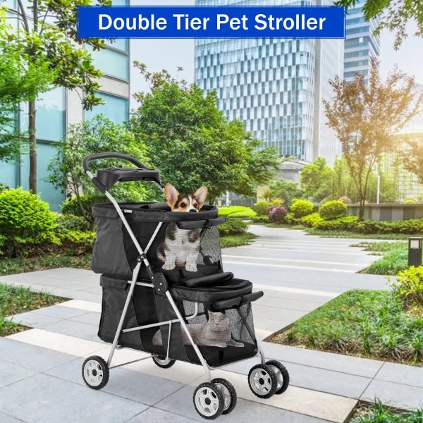 4 Wheels Pet Stroller Dog Cat Stroller, Foldable 2 Cages Strollers Kitten Puppy Carriages w/Cup Holders Soft Pad for Small Medium Dogs Cats (Black)