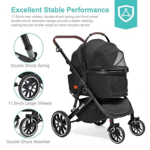 SWITTE Pet Stroller Foldable Dog & Cat Stroller 3-in-1 4 Wheels Travel Jogger, Black - Image 2