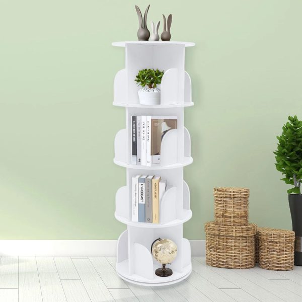 Wuzstar 4 Tiers Rotating Bookshelf 360 Degrees Display Shelves Bookshelf Organizer White Stackable Rack Floor Standing Bookcase for Living Room, Bedroom and Office, 15.7 * 15.7 * 46.5in