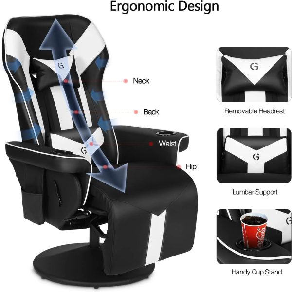 King Throne Ergonomic Gaming Chair, High Back Video Racing Chair, Swivel Recliner Chair with Footrest, Adjustable Backrest, Headrest, Lumbar Support, Cupholders, Black White - Image 6