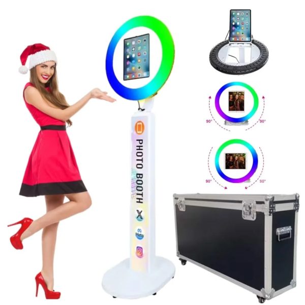 Upgraded White iPad Photo Booth for iPad 10.2'' 10.9'' 11'' 12.9'' Selfie Photo booth Station Machine with RGB Ring Light,Free Custom Logo with Flight Case for Parties Christmas,Wedding Events Rental